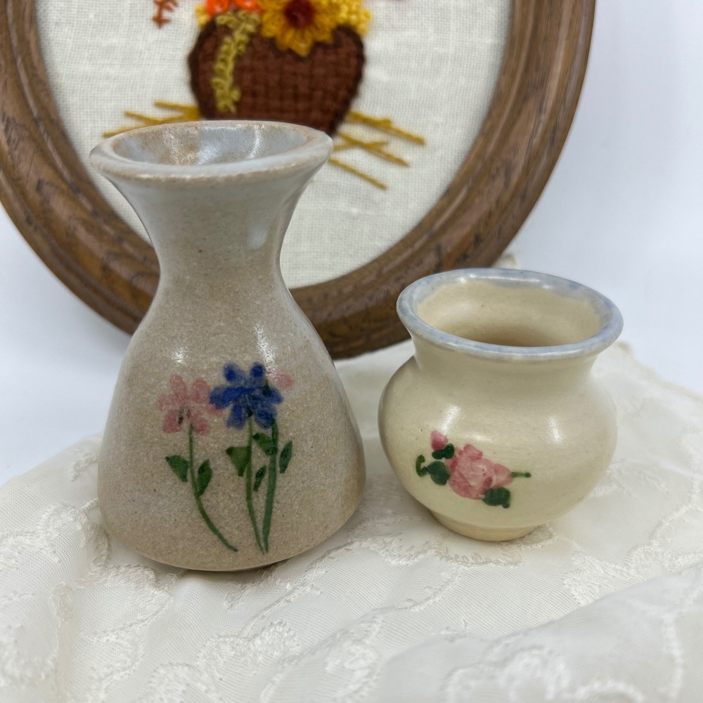 Vintage Handmade Pottery Floral Vases Pair of Miniature Vases Cottagecore 3.5"